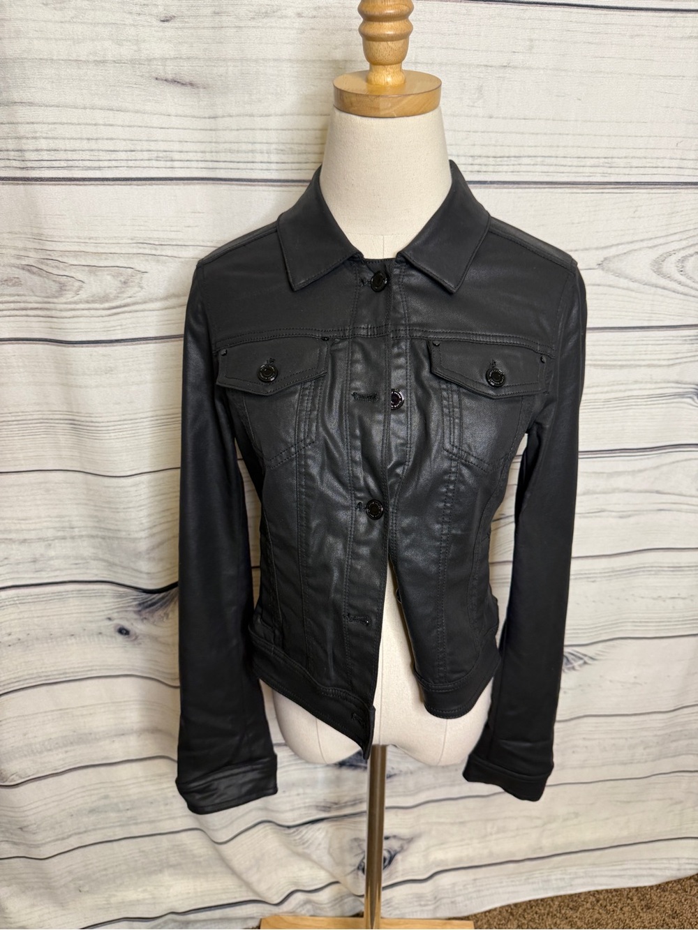 White House Black Market Black Faux Leather Button-Up Jacket